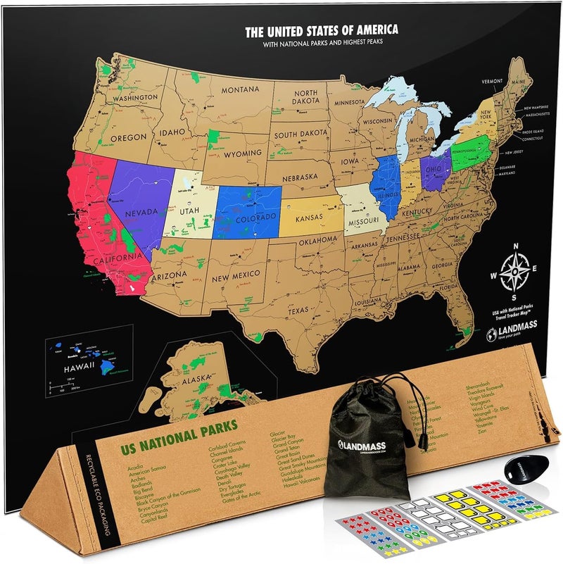 Landmass Scratch Off United States Map, Travel Poster with National Parks, State Capitals, USA Wall Art, Gift for Travelers, Home Travel Decor, Gift Idea for Adventure Enthusiasts, 17x24 Inches - Image 1